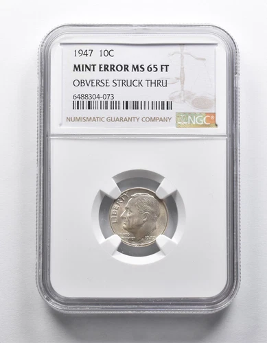 Mint Error MS65 FT 1947 Roosevelt Dime OBV Struck Thru NGC *1875