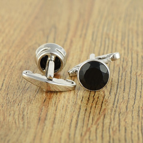 925 Sterling Silver Round Natural Black Onyx Gemstone Men's Cufflinks for Dad - Bild 2 von 3