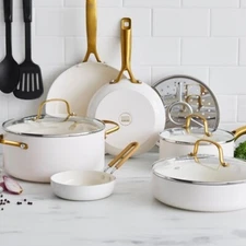 Blue Diamond White 12 Piece Nonstick Aluminum Pot and Pan Cookware Set, Gold