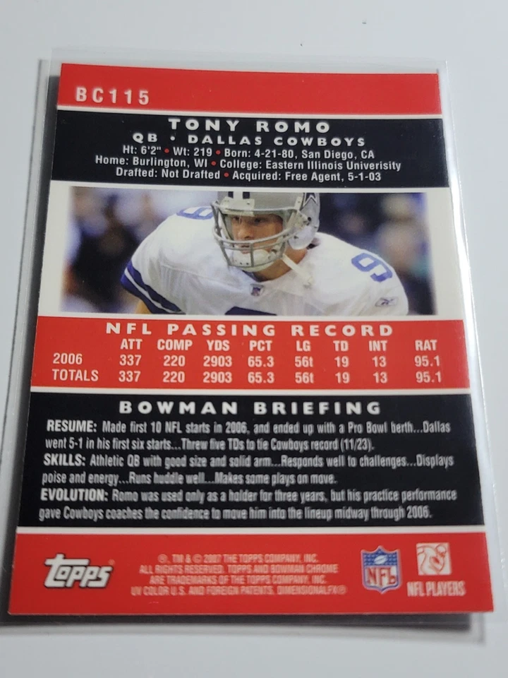 TONY ROMO 2007 Bowman Chrome #BC115.  COWBOYS - Image 2 of 2