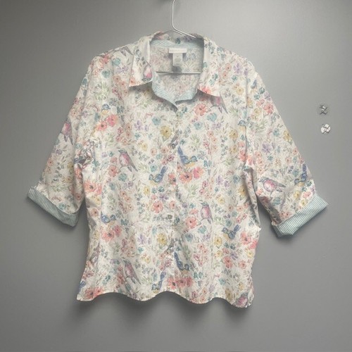 Alfred Dunner Women's Pastel Floral & Birds Front Button Blouse Top - Size XL