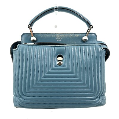 FENDI Dotcom Mini Women's Handbag Blue Quilted Leather Top Handle