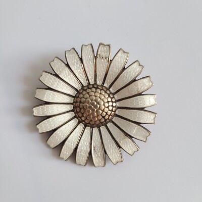 Vintage Anton Michelsen Gilded Sterling Silver White Enamel Daisy Flower Denmark