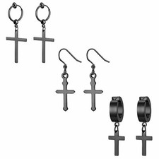 3 Pairs Stainless Steel Cross Drop Dangle Hoop Huggie Hook Earrings Mens Womens