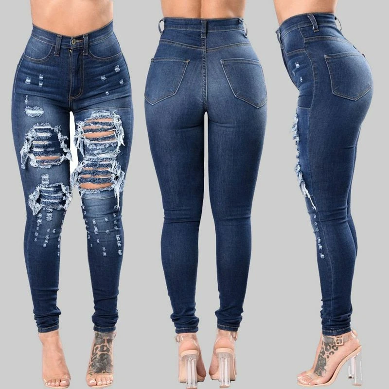 Women Stretch Skinny Ripped Hole Washed Denim Jeans High Waist Jeggings Pants  XL