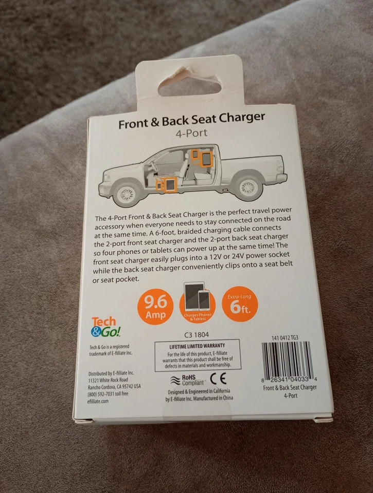 Tech and Go 9.6 Amp 4-Port Front and Back Seat Charger, Black/Braided with Matte - Image 2 of 4