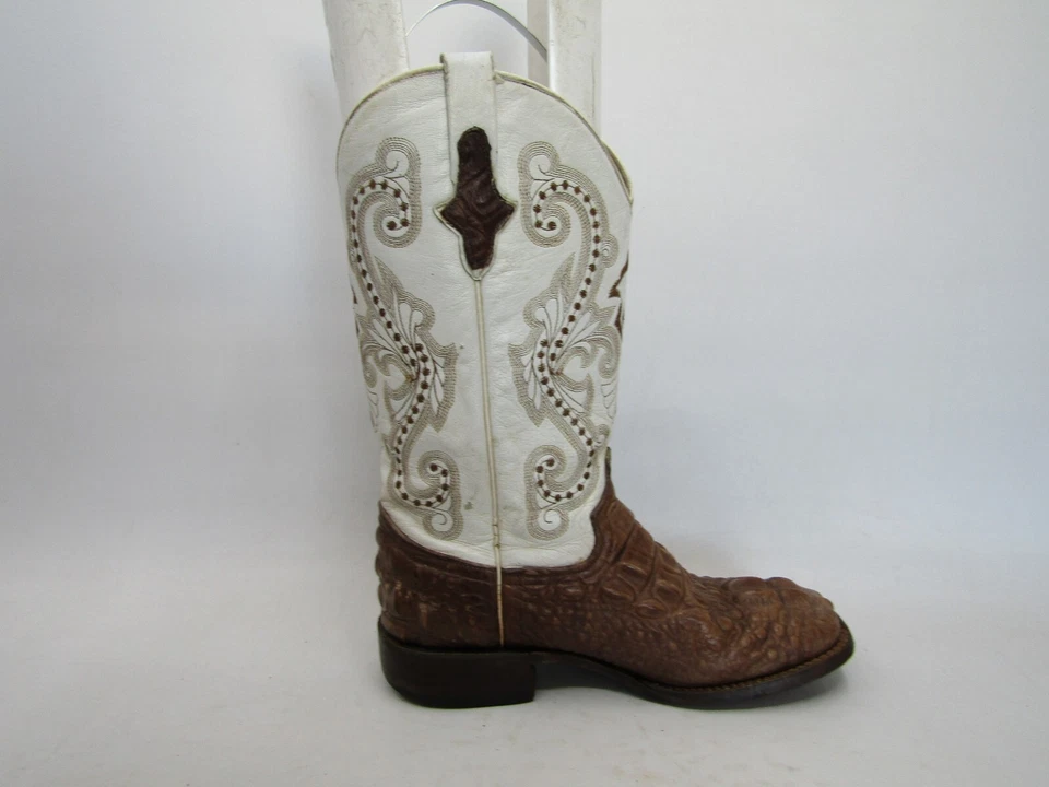 Botas vaqueras Ferrini para mujer talla 9 B blancas marrones de cuero estampado exótico Foto 4 de 4