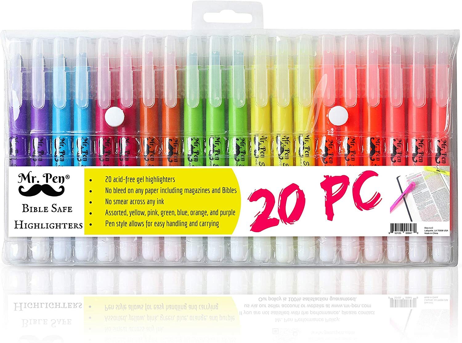 No Bleed Gel Highlighter, Bible Highlighters, Assorted Colors, Pack of 20