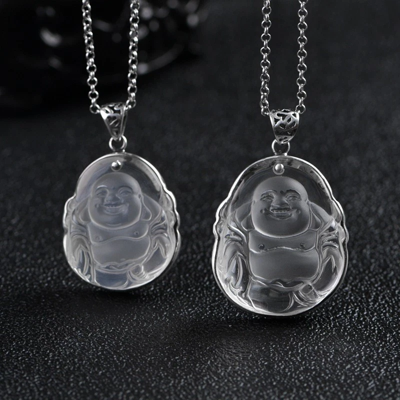 Colgante Buddha de plata de ley tallada de cristal S925 vintage ornamentado Zen suerte Foto 4 de 4