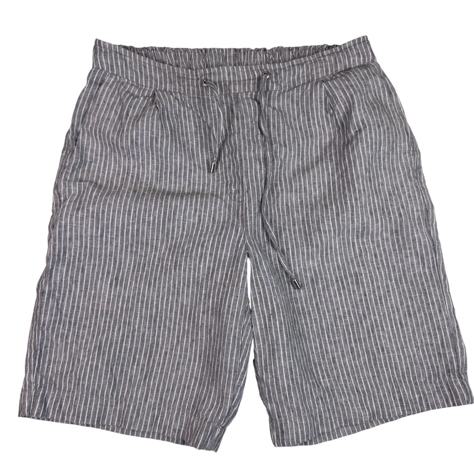 Chico's Grey White Pinstripe 100% Linen Shorts Drawstring Pull On Size 0.5 US 6