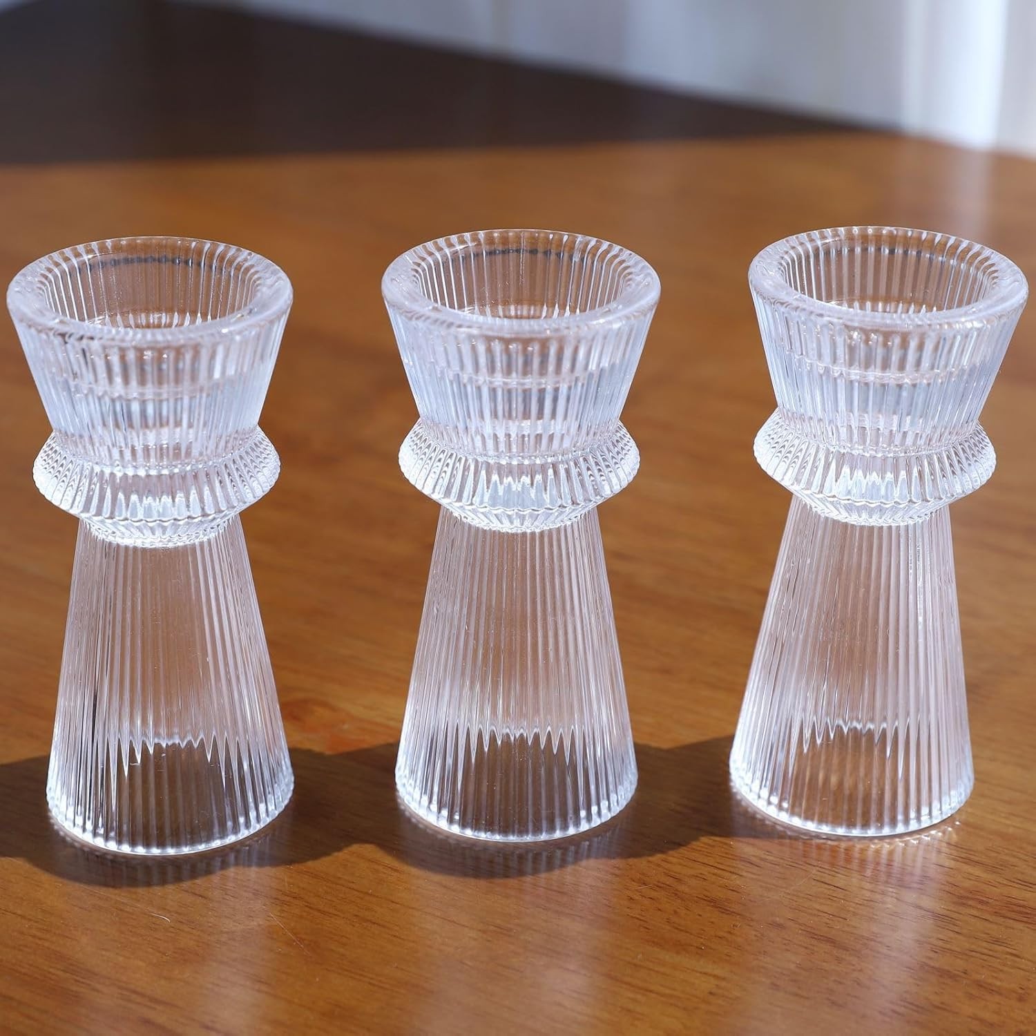 VOHO Clear Ribbed Taper Candle Holders Set of 3, Minimalist Style Glass 