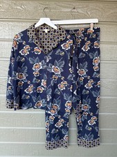 Vera Bradley Pajama Set Notched Collar Top Pants Dottie Leaf Navy NWOT Lg