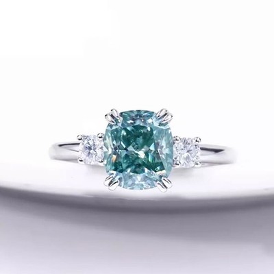 Certified 3.20 Ct Blue Diamond Solitaire Engagement Ring In 925 Sterling Silver