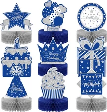 Teling 9 Pcs Happy Birthday Table Decorations Blue and Silver Decorations... 
