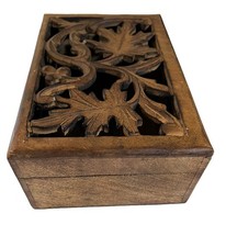 Carved Wooden Keepsake Box Hinged Openwork Floral Leaf Lid Trinket 9 in