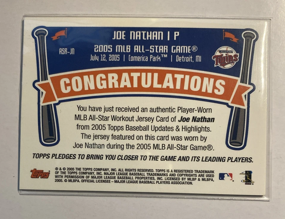 2005 Topps Update Joe Nathan #ASR-JN All-Star Stitches Relic Minnesota Twins - Image 2 of 2