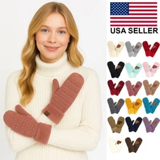 C.C Women Soft Warm Cable Knit Sherpa Lined Winter Cozy Fleece Cuff  Mittens