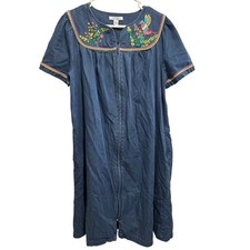 Go Softly Patio Denim Embroidered Floral Bird Zip Front Dress Muu Muu Medium