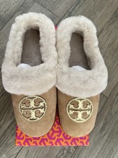Tory Burch Shearling Lined Suede Slippers with Logo Patch