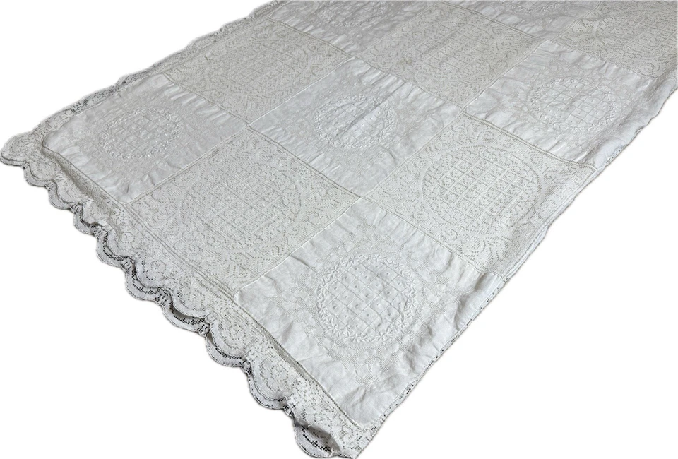 Antiguo mantel hecho a mano de principios de 1900 marfil filete cuadrado reliquia intrincado Foto 2 de 4