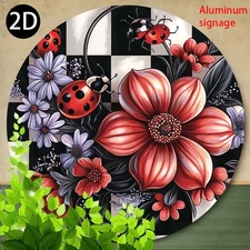 1pc Vintage Ladybug & Dahlia Floral Round Metal Wall Art Sign - Retro Checkered