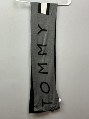 Tommy Hilfiger Scarf Mens Gray Black Long Spell Out Logo Acrylic Winter 70x8