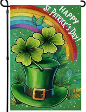 Happy St Patricks Day Garden Flag 12X18 Inch, Green Hat with Four-Leaf Clover Do
