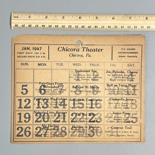 1947 Movie Menu Calendar Chicora Mark Theater PA Three Stooges Bogart Marx Bros