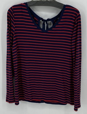 Cupio Women s Medium Red/Blue Striped Long Sleeve Top Bow Tie Back NWT