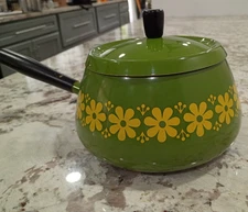 Retro Fondue Pot Only Avocado Green Yellow Daisy Floral Japan Wooden Handle