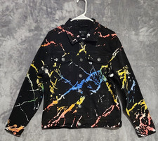 Waimea Jacket Mens Large Black Paint Splatter Denim Trucker Jean Coat Streetwear