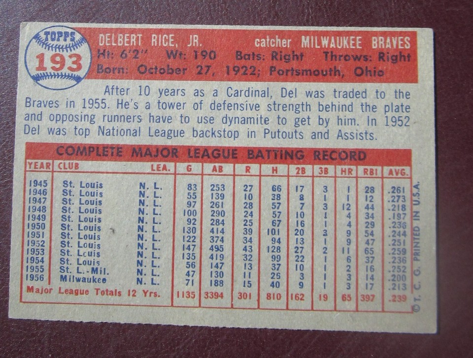 1957 Topps Del Rice (Milwaukee Braves) #193 EX | eBay
