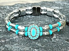 Silver Magnetic Hematite Therapy Bracelet Anklet 2 Row Pendant Turquoise Slider