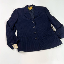Classiques Entier Jacket Womens 12 Navy Blue Rib Knit Wool Striped Blazer New