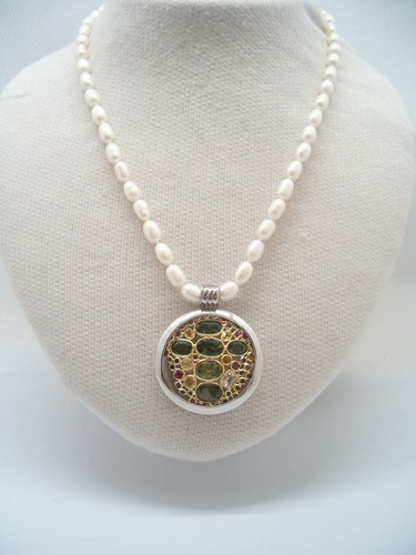 Collana di Perle con Ciondolo in Oro Giallo 18 Kt e Argento con Zaffiri e Rubini - 第 1/9 張圖片