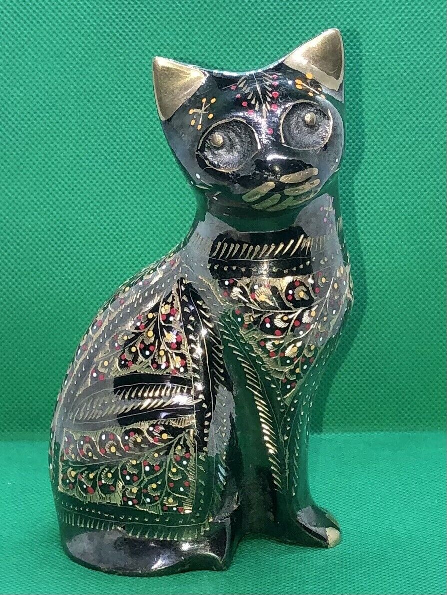 BRASS CAT VINTAGE, diamond cut etched/engraved & hand painted details 6”