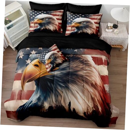 Eagle Queen Bed in a Bag American Flag Comforter Set Wildlife Home Decor Down