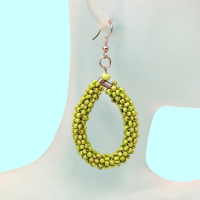 2'' Green Color Bohemian Handmade Seed Bead Hoop Earring