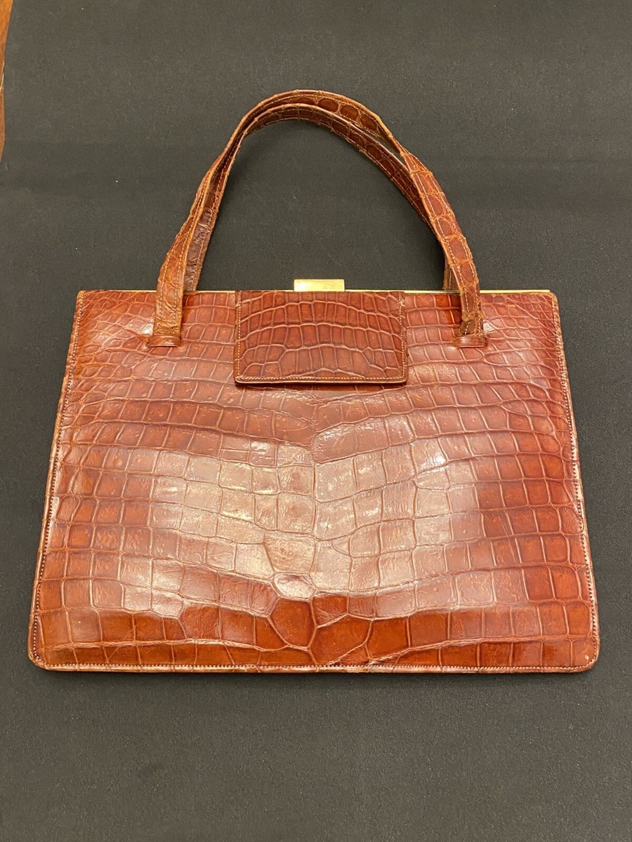 Vintage 1950 chestnut crocodile Alligator Exotic skin handbag Goodwood  Revival