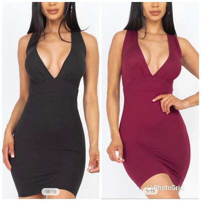 New Black/Burgundy Deep V Neck Front Tuck Bodycon Dress | eBay