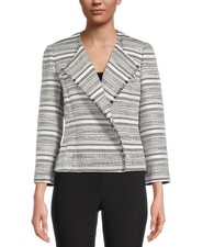 Kasper Women Petite Striped Open Jacket Blazer Black White Ivory Combo Size Pl