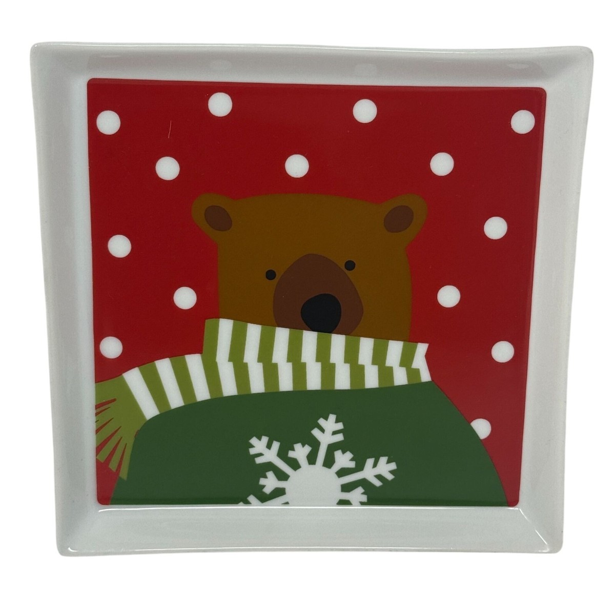 Crate Barrel Ceramic Holiday Bear Square Dessert Plate Joan