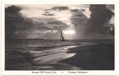 NASSAU BAHAMAS Postcard SUNSET & SAILBOAT Sandy Cay Beach Paradise Island RPPC