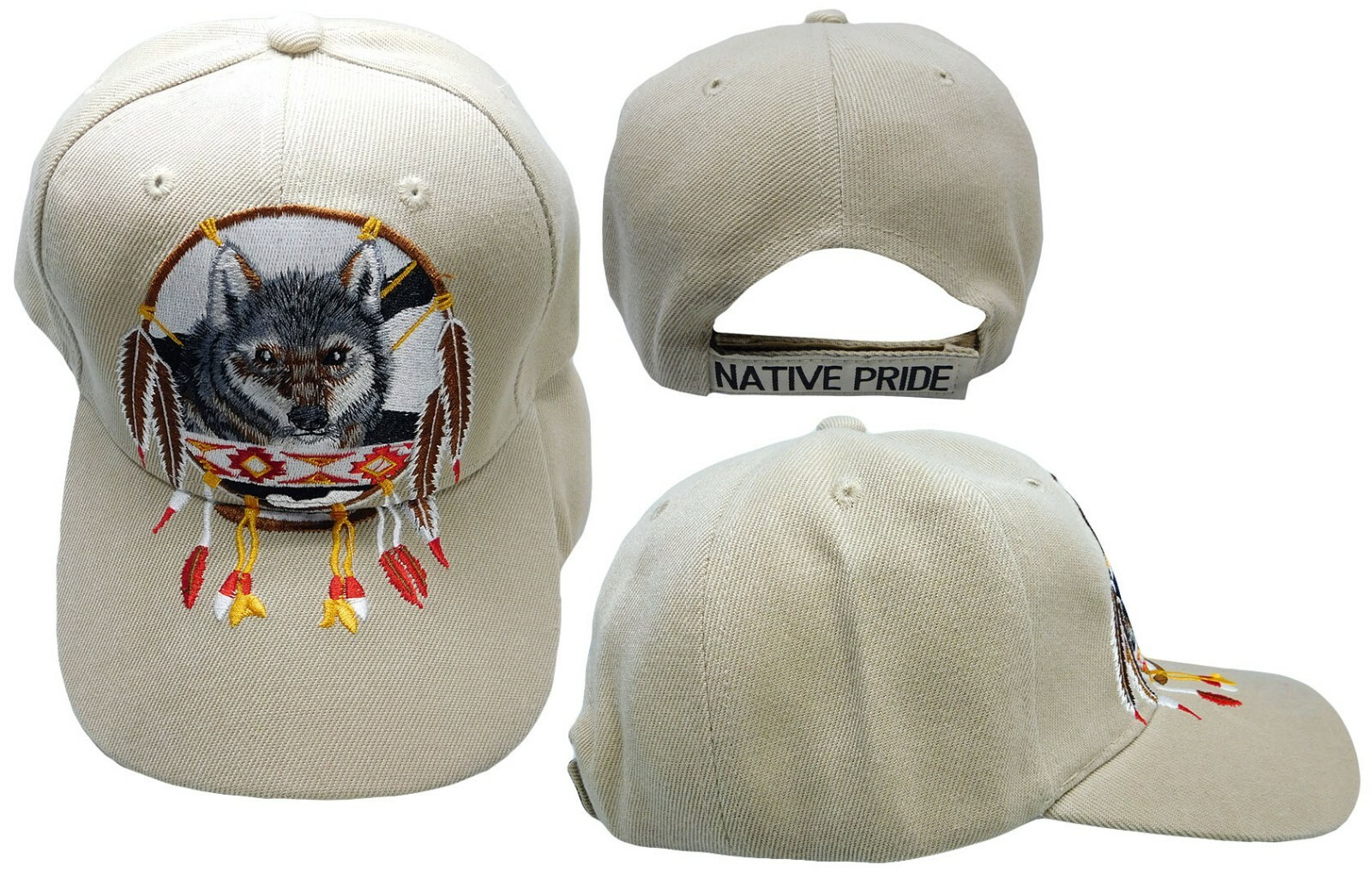 Native Pride INDIAN American Dreamcatcher Wolf Khaki Embroidered Cap ...