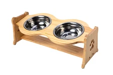 Raised Pet Bowl for Cats/Dogs w/ 2 Stainless Steel Bowls - Bamboo, Anti Slip