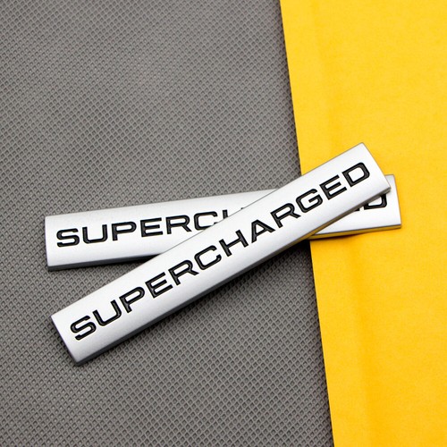 2-Piece Black & White Metal Supercharged Trunk Badge – V6 V8 Sport Emblem Decal