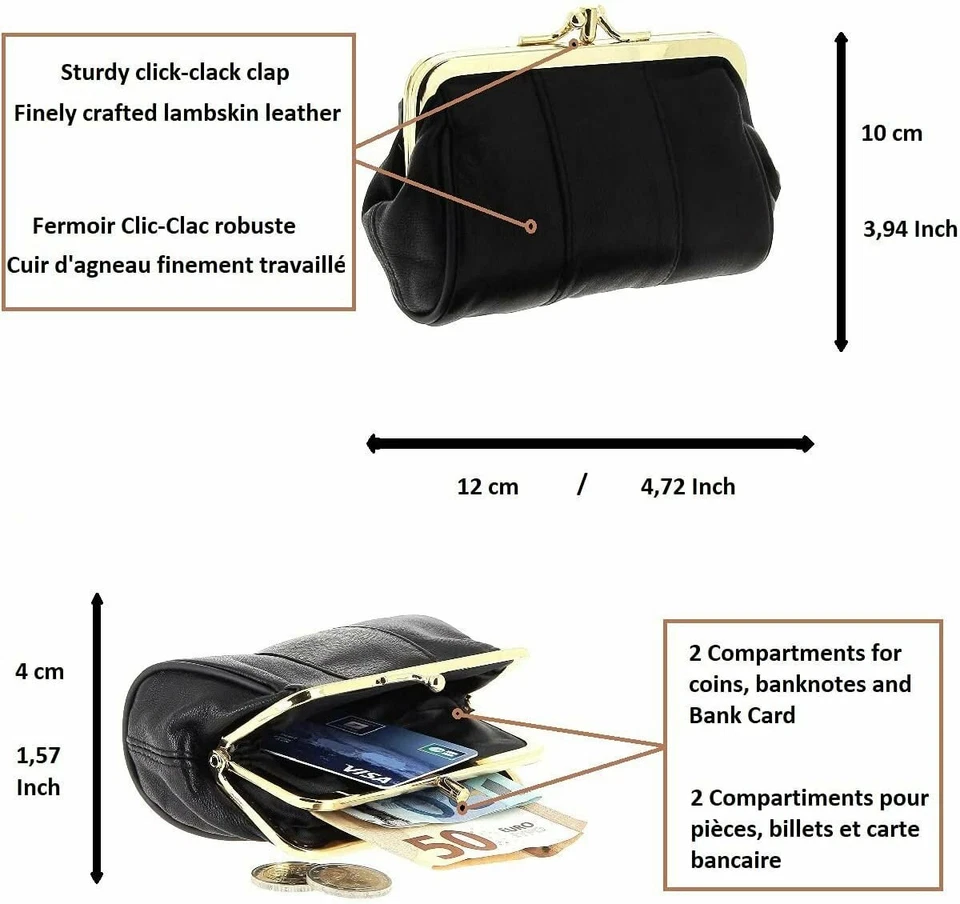 Porte-Monnaie - Clic Clac Rétro - Cuir d'agneau - Fermoir doré - 2 Compartiment  - Photo 3/4