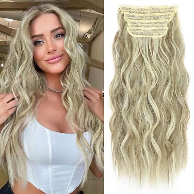 4PCS Clip in Natural Hair Extensions Long Wavy Bleach Blonde Weft Synthetic
