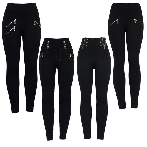 Womens Black High Waist Slim Skinny Zip 