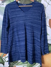 Pure Jill Indigo Small V Neck Terry Textured Long Sleeve Tunic Top